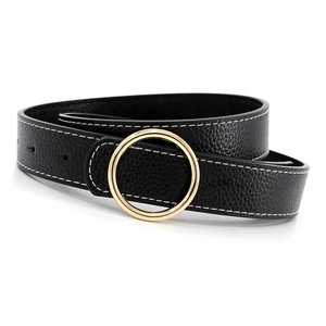 Ceinture en cuir noir pour femme avec surpiqûres blanches et une boucle ronde dorée
