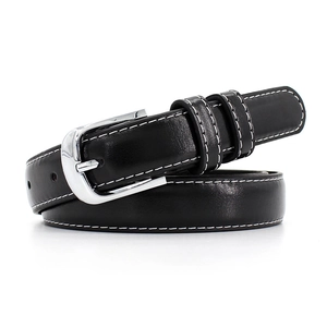 Classic black leather belt for women with silver buckle and white contrast stitching