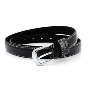 Classic black leather skinny belt with silver pin buckle and contrast white stitching