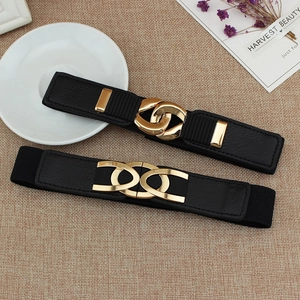 Women Fashion Elastic Waist Belt Gold Alloy Interlocking Buckle Black Faux Leather Slimming Waistband Dress Corset Accessory