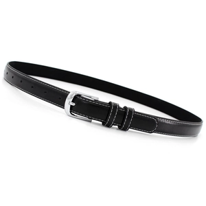 Women's thin black leather belt with white contrast stitching and silver pin buckle