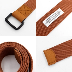 Unisex caramel canvas belt with black double D-ring metal buckle and faux leather trim