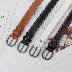 Fashionable PU leather skinny belts for women featuring D-ring buckles and white stitching