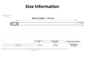 Size chart for women's denim belt showing 110cm length and 2.4cm width details