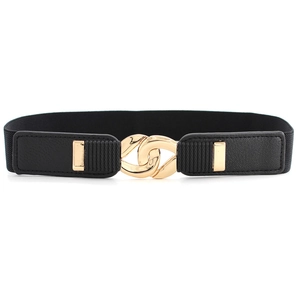 Women black elastic waist belt with interlocking gold buckle for dresses stylish slim fit