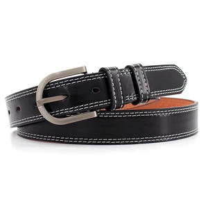 Women's black PU leather belt with white double stitching and gunmetal D-ring buckle