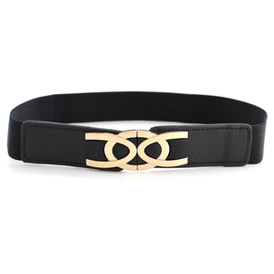 Women's black elastic waist belt with gold interlocking double ring buckle for dresses