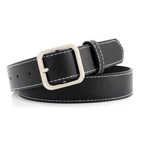 Ceinture minimaliste en cuir noir pour femme avec surpiqûres blanches et boucle carrée argent
