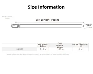Size guide for minimalist round buckle leather belt showing 105cm length and 2.4cm width