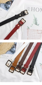 Detail of slim PU leather belts with gold vintage square buckles in five assorted colors