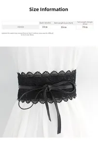 Size chart for black lace corset belt with detailed measurements for waist styling