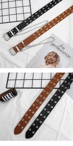 Détail de la ceinture punk en cuir PU avec doubles œillets et chaînes métalliques
