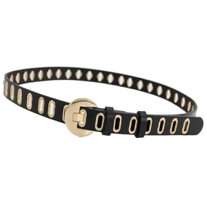 Women Fashion PU Leather Belt With Golden Round Buckle Oval Eyelets Decorative Waist Strap For Jeans Dresses Casual Style