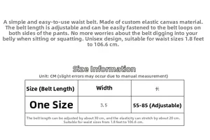 Size chart for adjustable elastic no-buckle belt, width 3.5cm and length 55-85cm