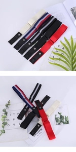 Detail showing various colors of elastic invisible belts with metallic snap closure