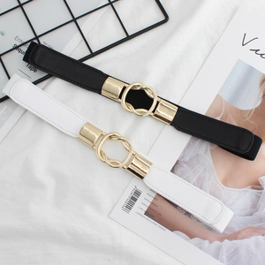 Elastic waist belts in black and white with gold circular buckles for dresses