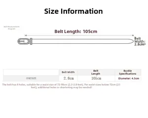 Size chart showing 105cm length and 2.8cm width dimensions for the round buckle belt