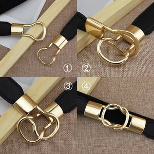 Elastic skinny waist belt with a golden interlocking buckle for women dresses in black