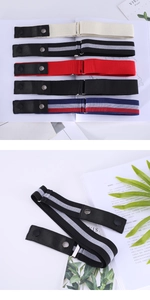 Detail of multi-color elastic no-buckle belts with snap closure and leather reinforcement