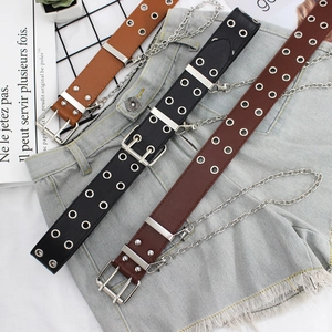 Ceinture Large Hip Hop pour Femme Oeillets à Double Rangée Ceinture en Cuir PU Punk Avec Chaîne Métallique Ceinture Décorative à la Mode