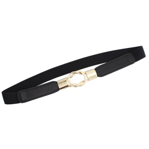 Women's black elastic waist belt with a golden interlocking double ring metal buckle