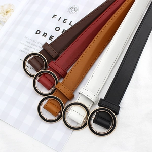 Women's Fashion PU Leather Skinny Belt with Round Alloy Buckle Adjustable Holeless Waist Belt for Jeans Dress Accessory