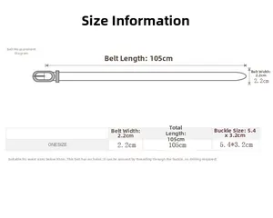 Size chart showing 105cm length and 2.2cm width for this holeless fashion belt