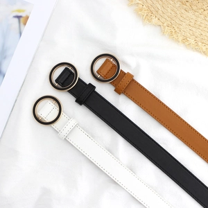 Slim women's belt set in black white and brown with round gold and red metal buckles