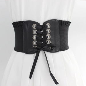 Women Wide Elastic Corset Belt With Bow Lace Up Faux Leather Waistband Retro Ruffle Waist Cinch Decorative Belt For Dress