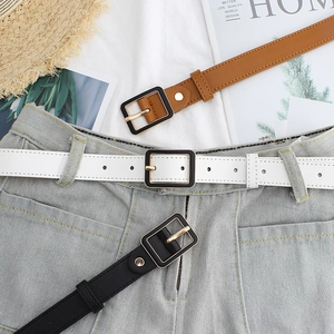 Stylish square buckle PU leather belts for women in black, white and brown colors