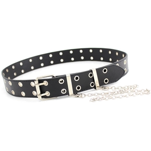 Ceinture punk en cuir PU noir avec œillets doubles et chaînes métalliques amovibles