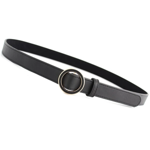 Women's minimalist black leather belt with golden round buckle for stylish outfits