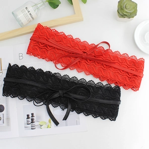 Elegant wide lace corset belts with leather bow tie in classic red and black for dresses