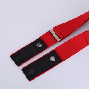 Red elastic seamless stretch belt with silver metal snaps and black reinforced trim