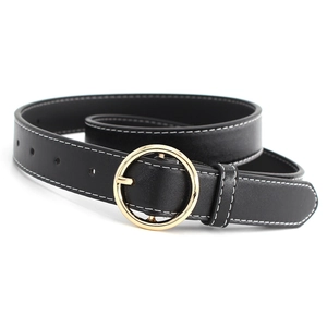Retro Women PU Leather Belt With Golden Round Buckle Minimalist Contrast Stitching Waist Strap For Jeans Dress Accessories
