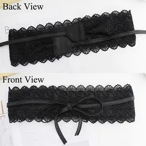 Elegant wide black lace corset belt with thin leather tie bow for women dresses