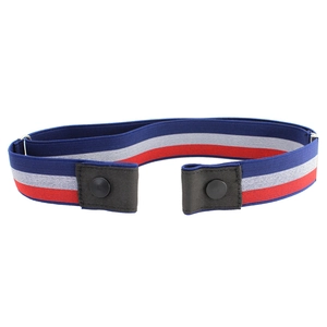 Unisex blue white red striped elastic belt with black snap buckle and metal adjuster