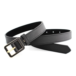 Women's black PU leather belt featuring a classic gold rectangular pin buckle for jeans