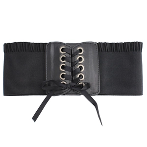 Women's black wide elastic corset belt with ribbon bow lace-up and metal eyelets