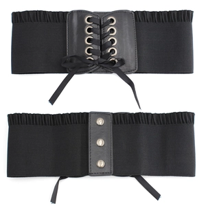 Women's wide elastic corset belt with lace-up ribbon detail and snap button closure
