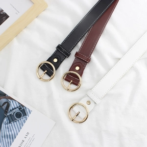 Retro minimalist belts with round gold buckles in black, brown and white leather