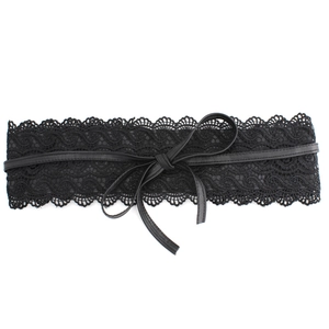 Elegant wide black lace corset belt with decorative faux leather bow tie for dresses
