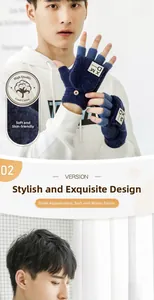 Detailed view of dark blue knit convertible gloves with buttons and XM FASHION brand label