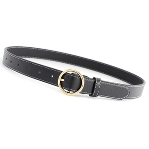 Retro black leather belt for women with round gold buckle and contrast white stitching