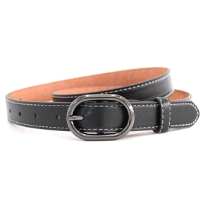 Ceinture fine noire pour femme avec boucle ovale gris anthracite et coutures blanches