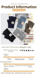 Dettaglio dei guanti invernali in maglia senza dita in vari colori con etichetta logo
