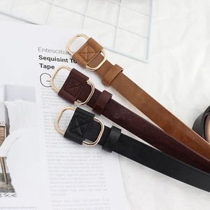 Three-color minimalist slim leather belts with gold D-shaped buckles for women jeans