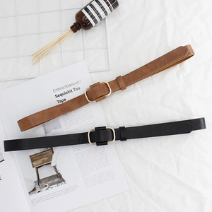 Minimalist vintage style women's narrow leather belts with elegant golden oval buckles