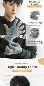 Close-up of gray knit gloves showing touchscreen fingers and thick cotton lining