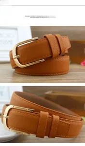 Close-up of khaki PU leather belt with golden pin buckle and neat stitching details